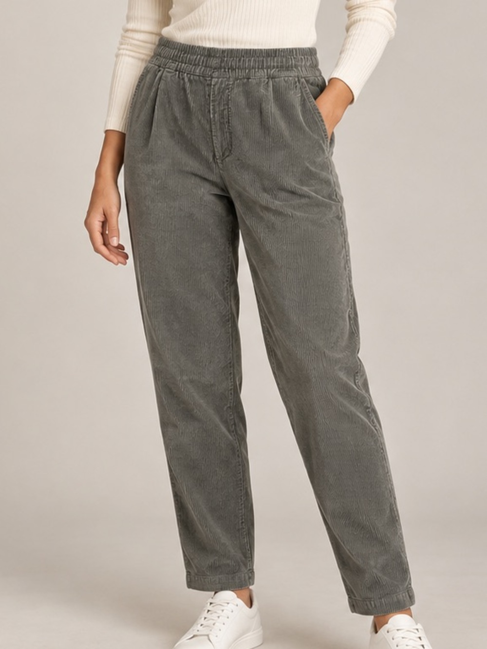 GAP Vintage Olive Grey Corduroy Pull-On Pants Large Tall Stretch Straight Leg
